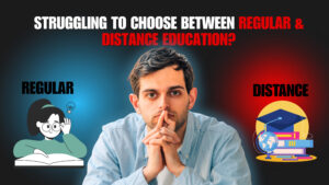 Student comparing Regular vs Distance Education with books and a laptop, symbolizing classroom learning and online flexibility
